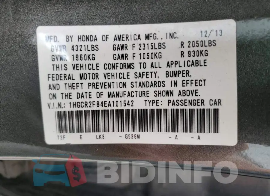 1HGCR2F84EA101542 Photo# 12