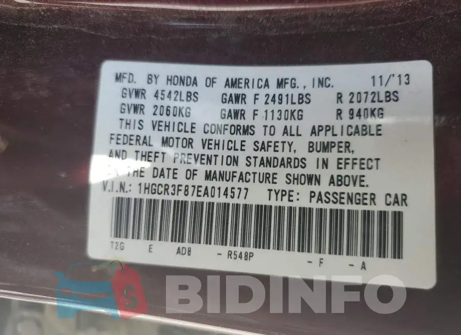 1HGCR3F87EA014577 Photo# 12