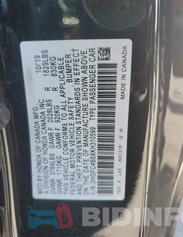 2HGFC4B6XKH310599 Photo# 12