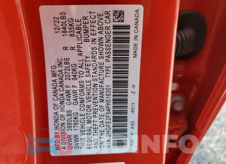2HGFE2F54PH516301 Photo# 12