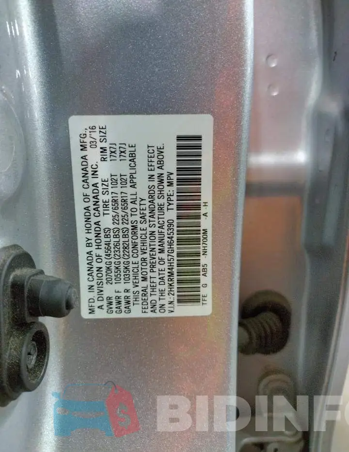 2HKRM4H57GH645390 Photo# 14