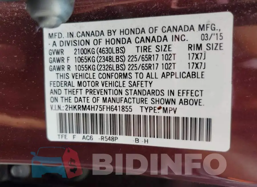 2HKRM4H75FH641855 Photo# 14