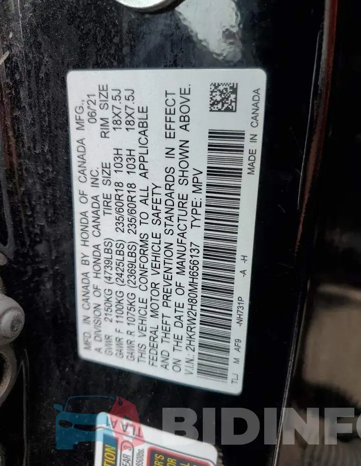 2HKRW2H80MH656137 Photo# 12