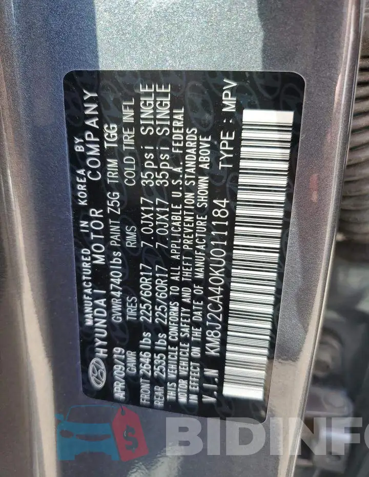KM8J2CA40KU011184 Photo# 13
