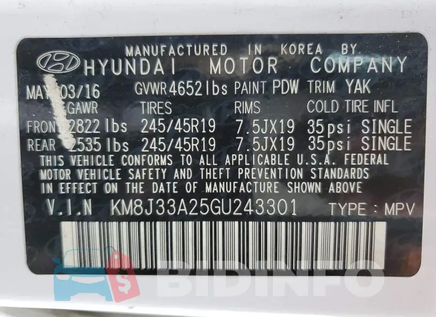KM8J33A25GU243301 Photo# 13