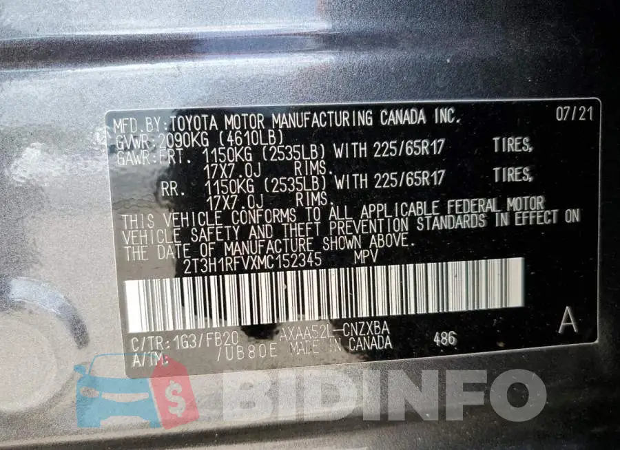 2T3H1RFVXMC152345 Photo# 13