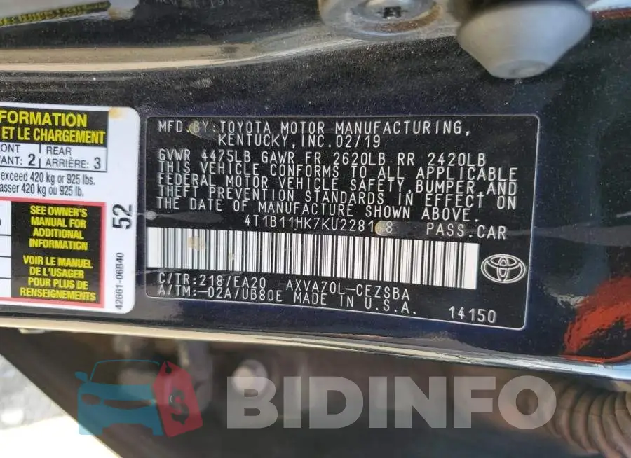 4T1B11HK7KU228148 Photo# 12