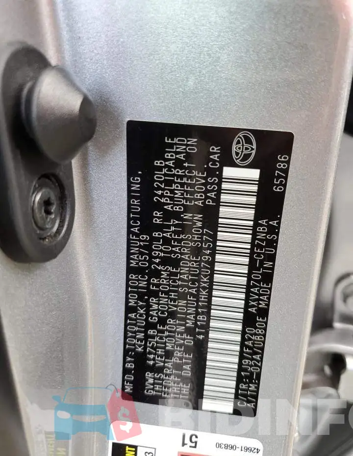 4T1B11HKXKU794577 Photo# 12