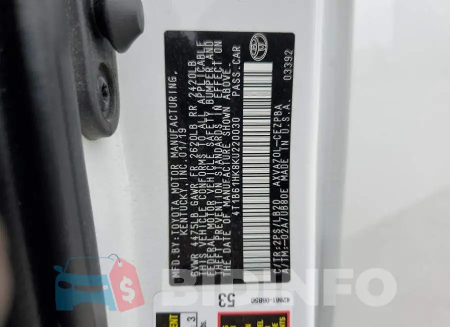 4T1B61HK8KU220030 Photo# 12