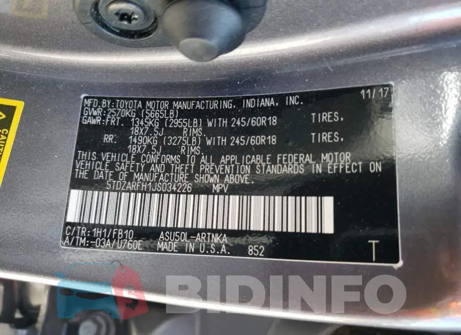 5TDZARFH1JS034226 Photo# 13