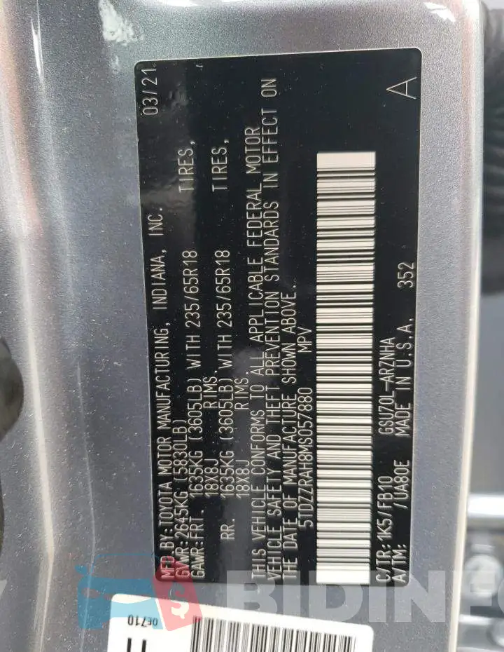5TDZZRAH8MS057880 Photo# 12