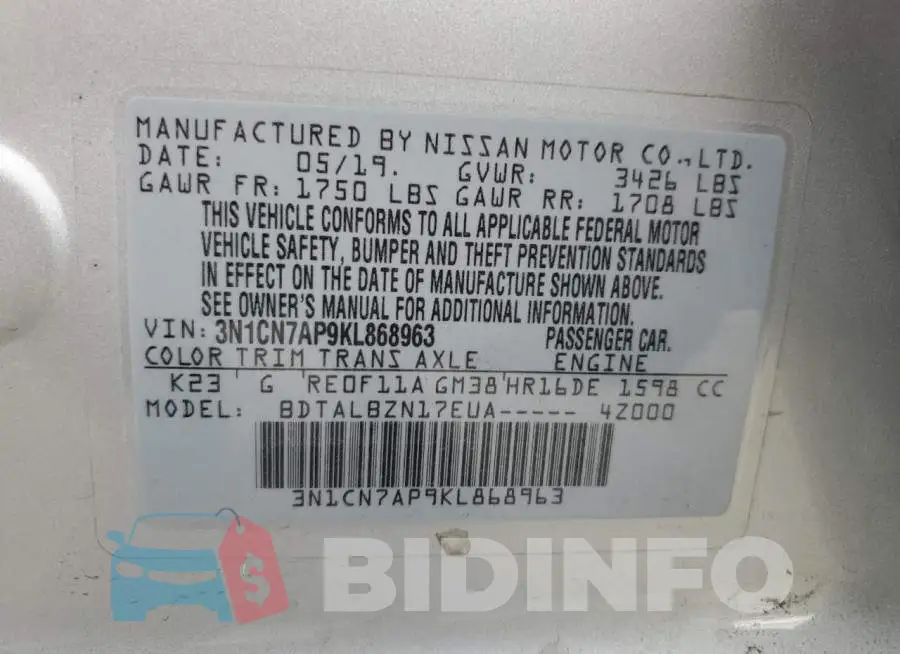 3N1CN7AP9KL868963 Photo# 13