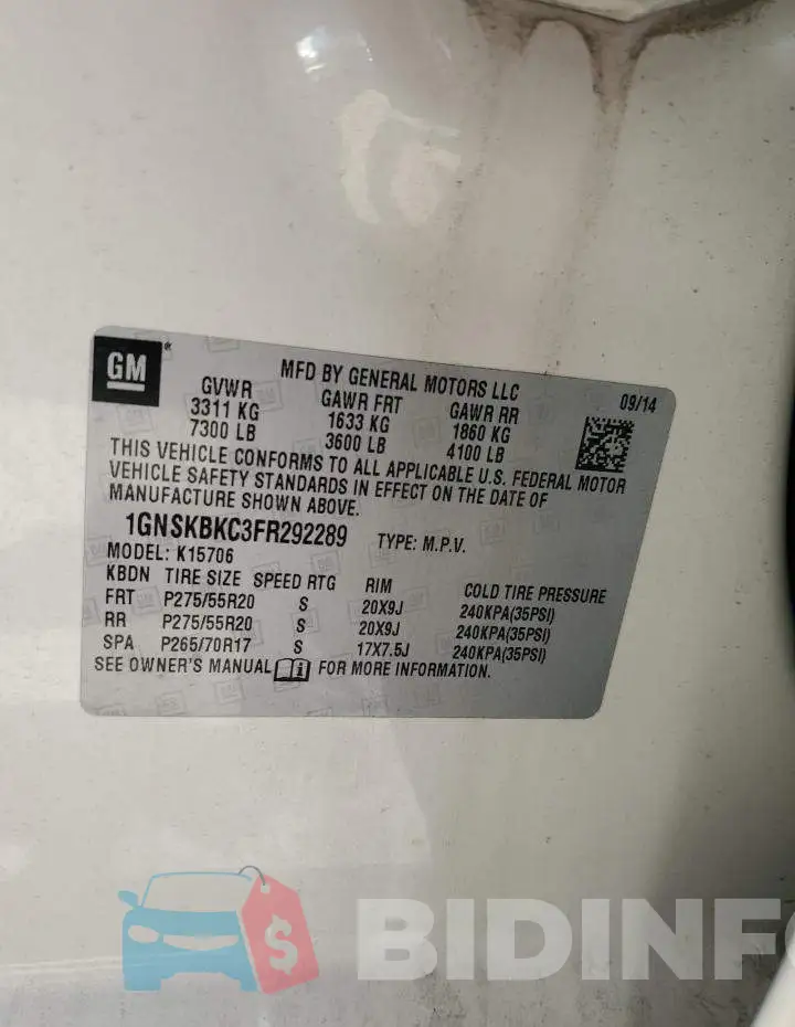 1GNSKBKC3FR292289 Photo# 12