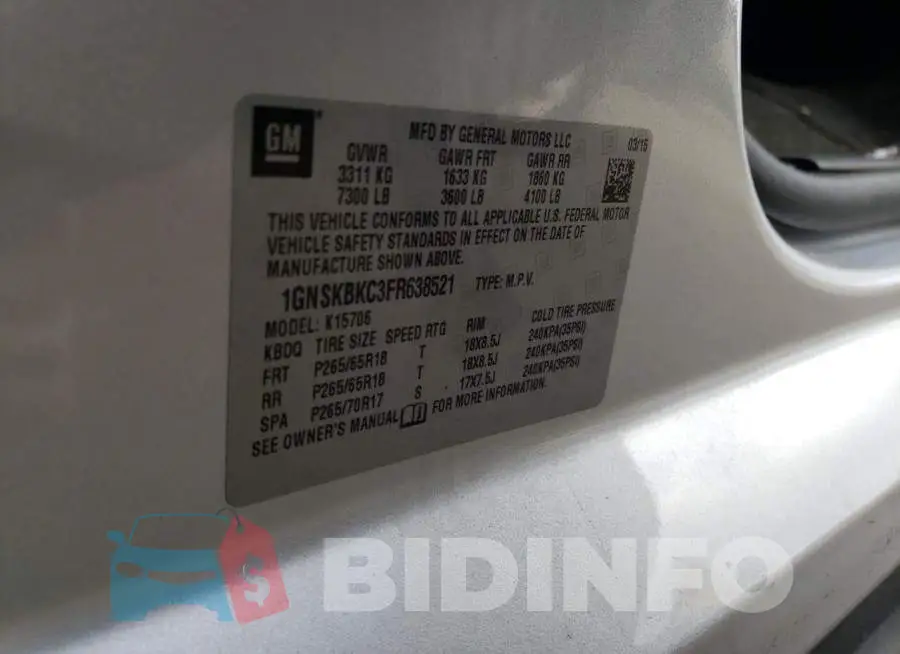 1GNSKBKC3FR638521 Photo# 13