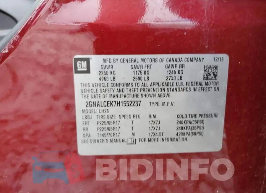 2GNALCEK7H1552237 Photo# 13