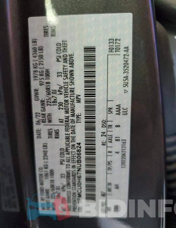 1FMCU0H67NUB06824 Photo# 12