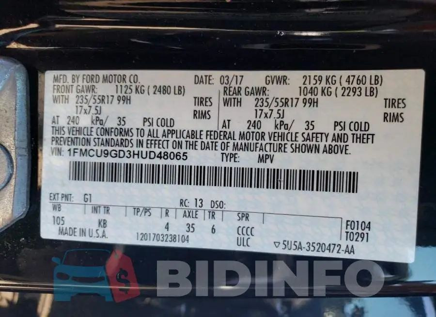 1FMCU9GD3HUD48065 Photo# 14