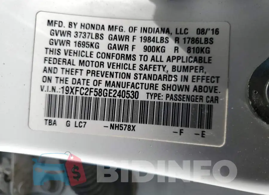 19XFC2F58GE240530 Photo# 13