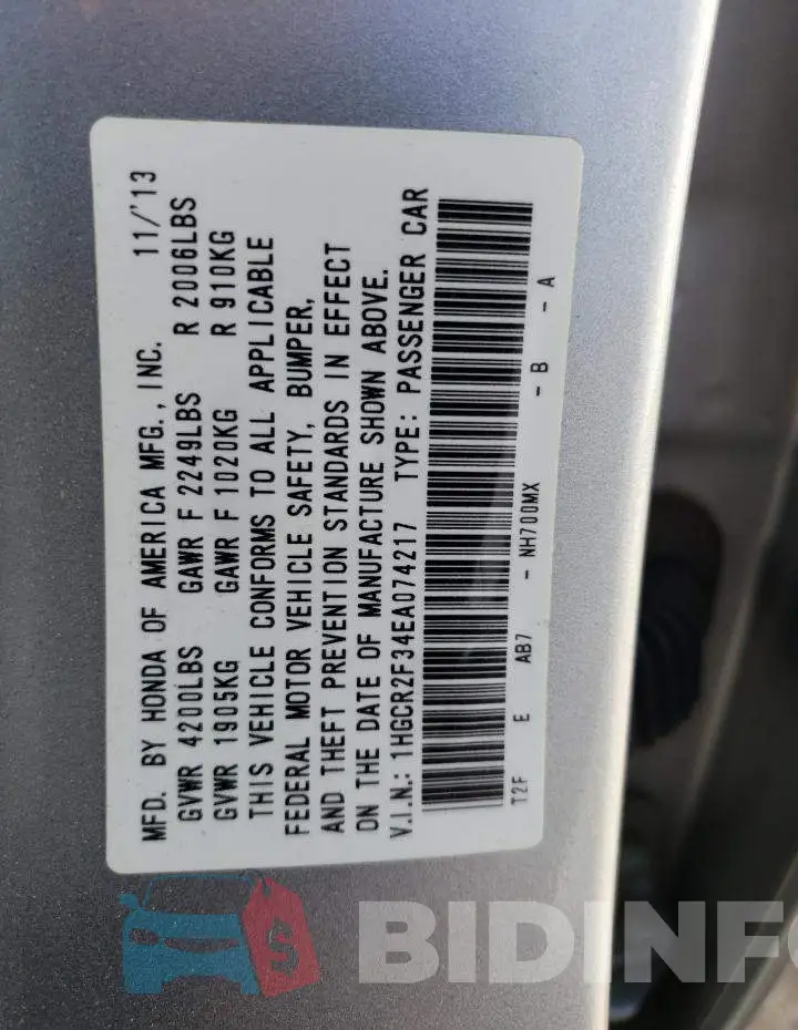 1HGCR2F34EA074217 Photo# 12