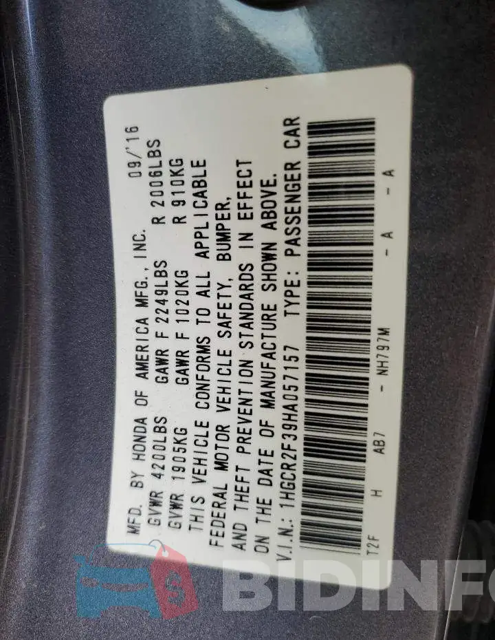 1HGCR2F39HA057157 Photo# 12