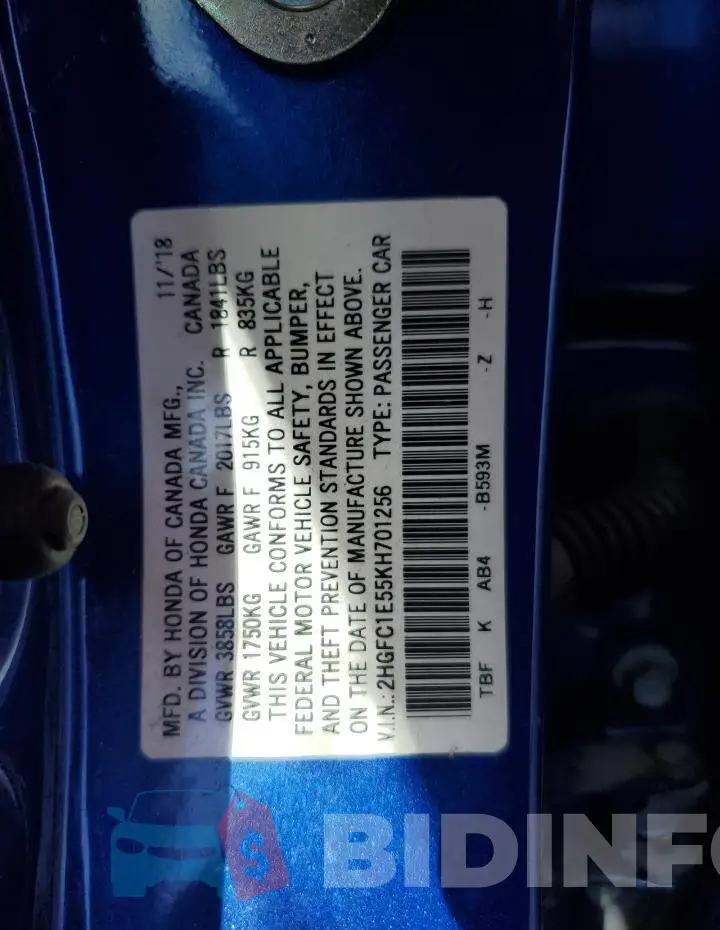 2HGFC1E55KH701256 Photo# 12