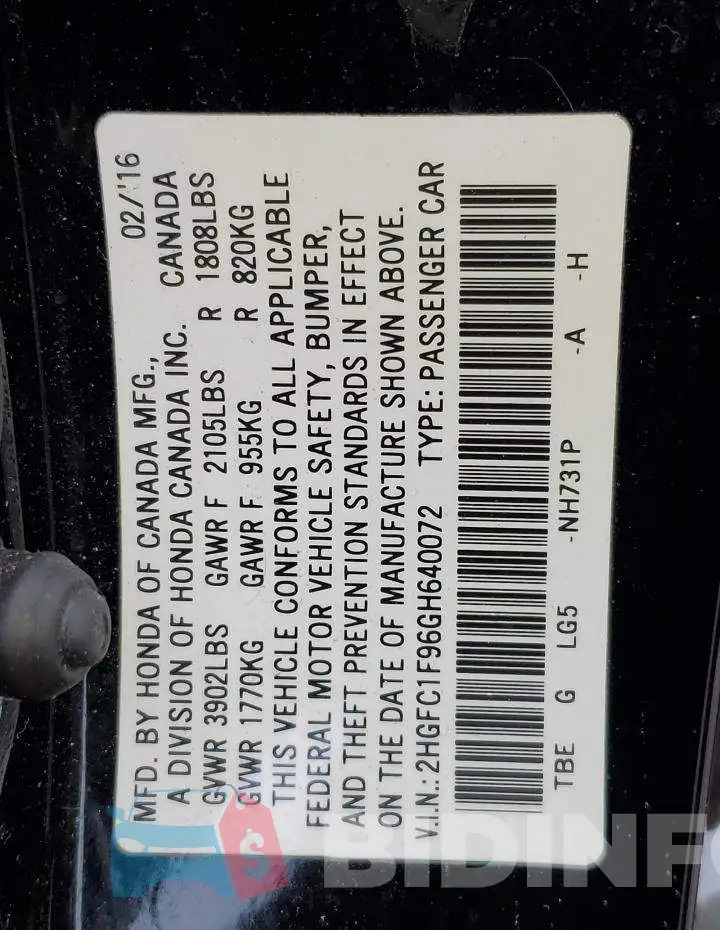 2HGFC1F96GH640072 Photo# 13