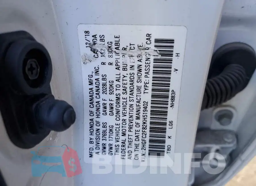 2HGFC2F82KH519402 Photo# 12