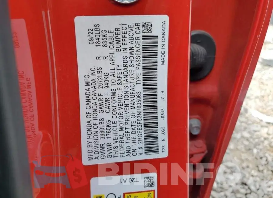 2HGFE2F53NH605063 Photo# 12