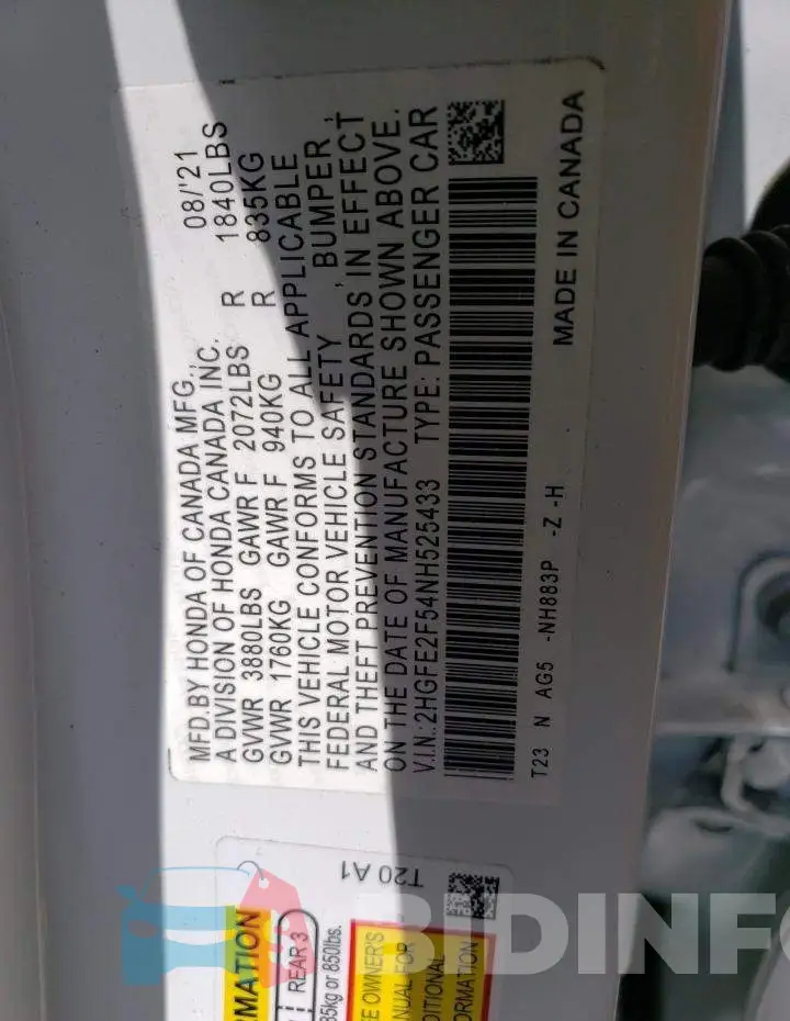 2HGFE2F54NH525433 Photo# 12