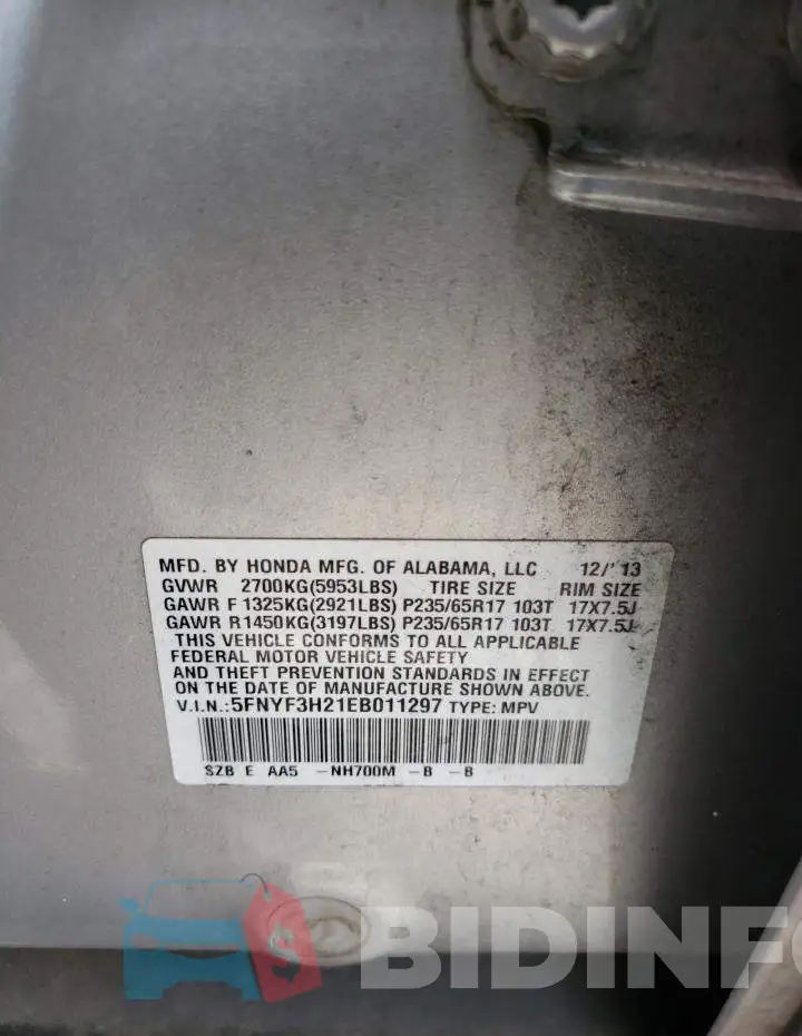 5FNYF3H21EB011297 Photo# 13