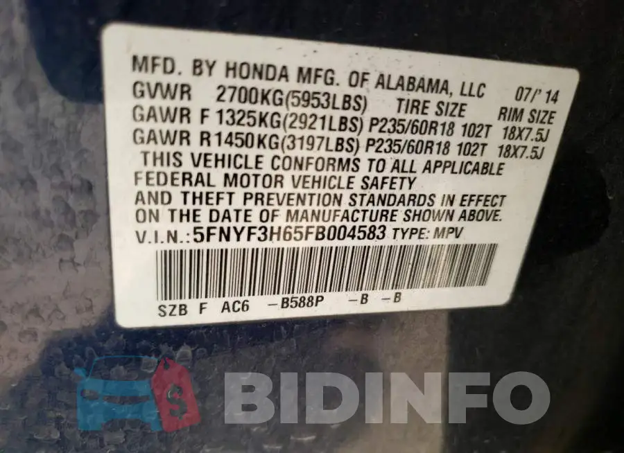 5FNYF3H65FB004583 Photo# 13