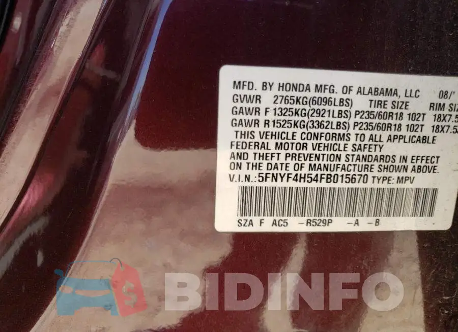 5FNYF4H54FB015670 Photo# 12