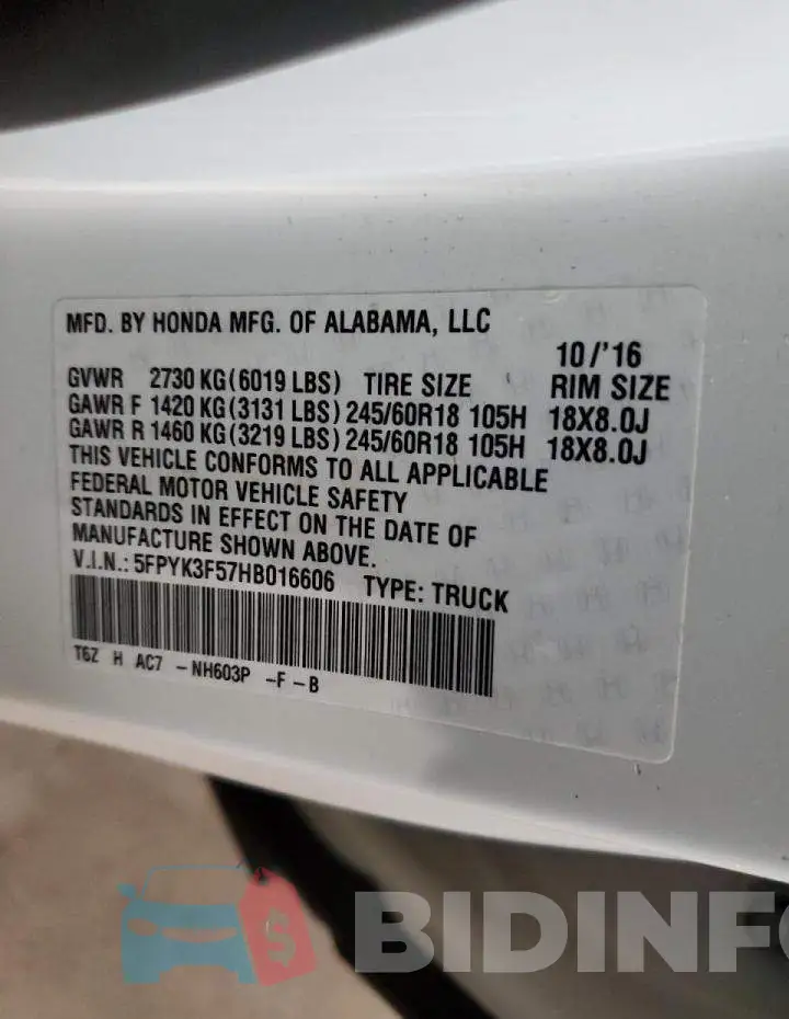 5FPYK3F57HB016606 Photo# 12