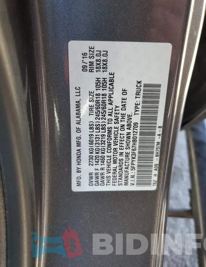 5FPYK3F67HB012709 Photo# 12