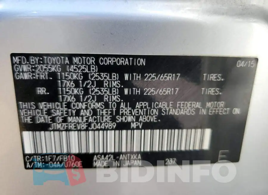 JTMZFREV8FJ044989 Photo# 13