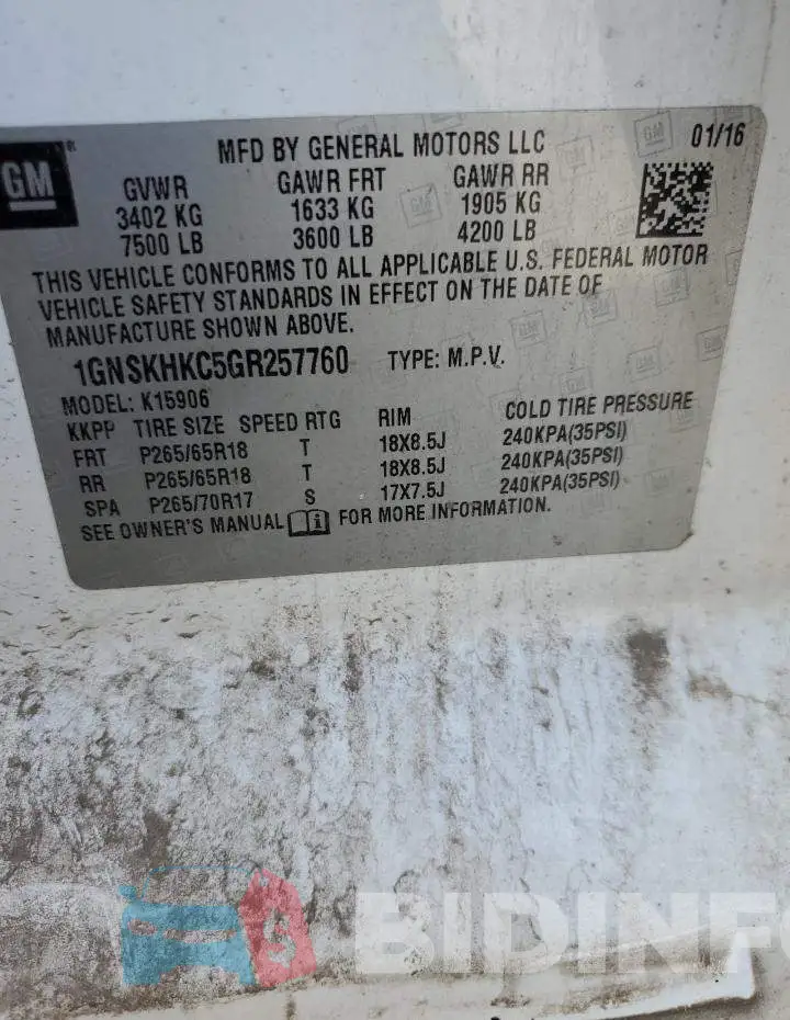 1GNSKHKC5GR257760 Photo# 13