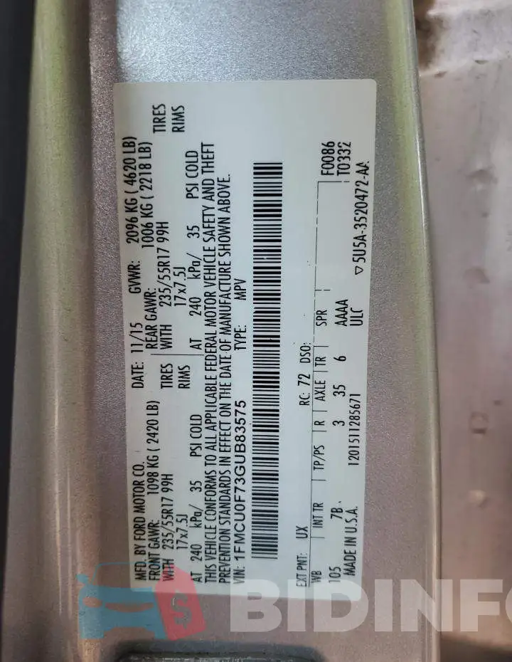 1FMCU0F73GUB83575 Photo# 14