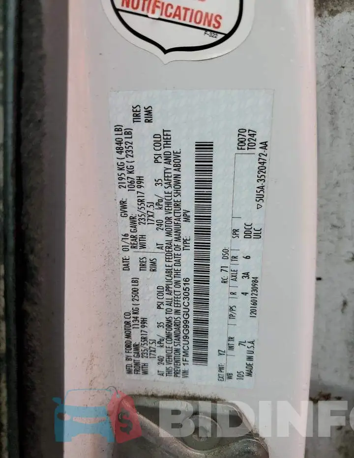 1FMCU9G99GUC30516 Photo# 12