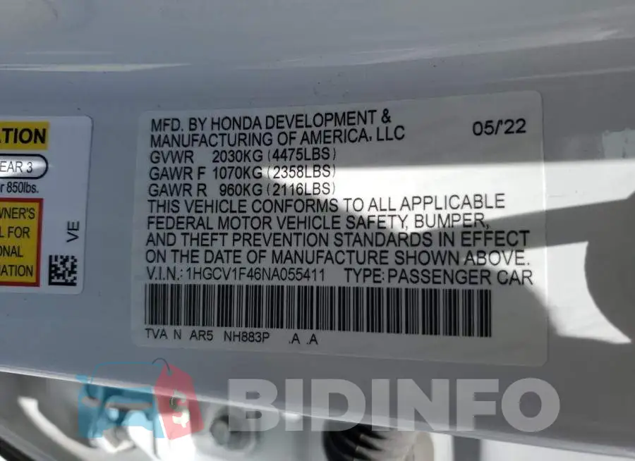 1HGCV1F46NA055411 Photo# 12
