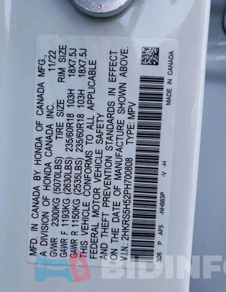2HKRS5H52PH700808 Photo# 13
