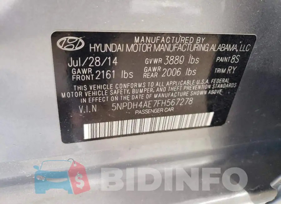 5NPDH4AE7FH567278 Photo# 12