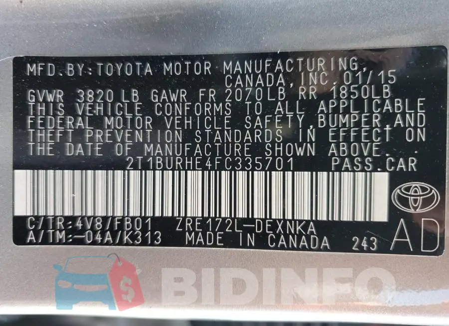 2T1BURHE4FC335701 Photo# 12