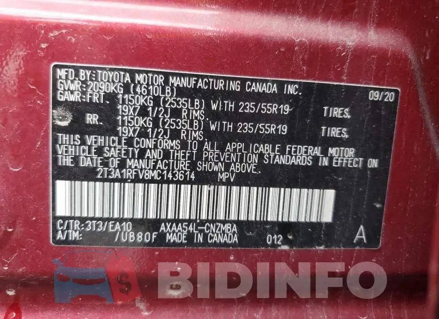 2T3A1RFV8MC143614 Photo# 12
