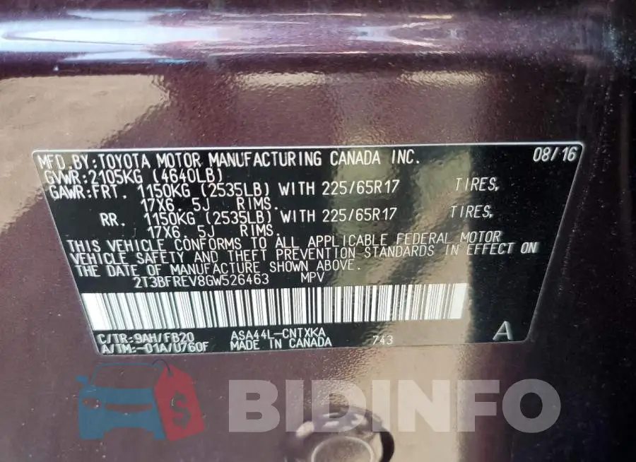 2T3BFREV8GW526463 Photo# 14