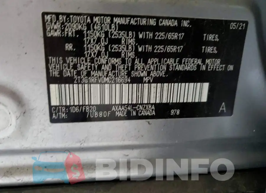 2T3G1RFV0MC216694 Photo# 13