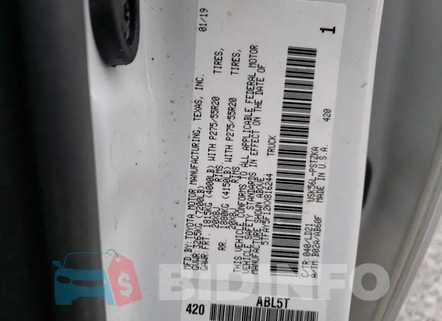 5TFAY5F12KX816244 Photo# 12
