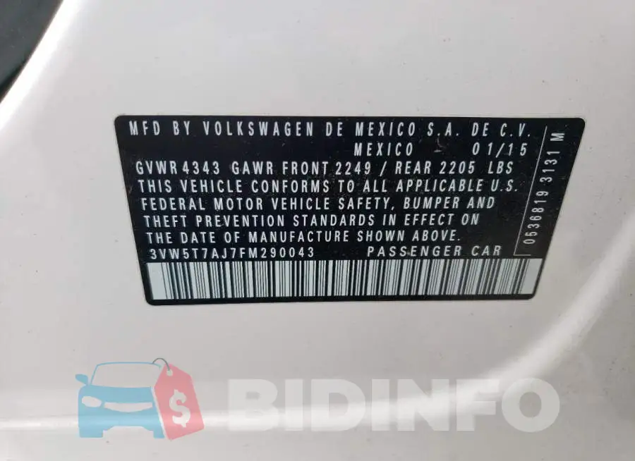 3VW5T7AJ7FM290043 Photo# 12