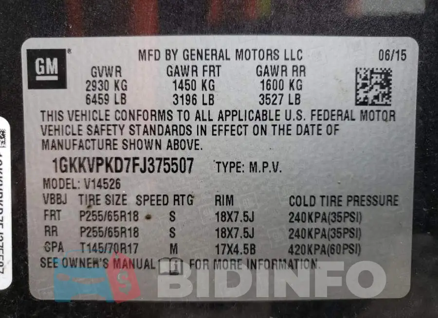 1GKKVPKD7FJ375507 Photo# 13