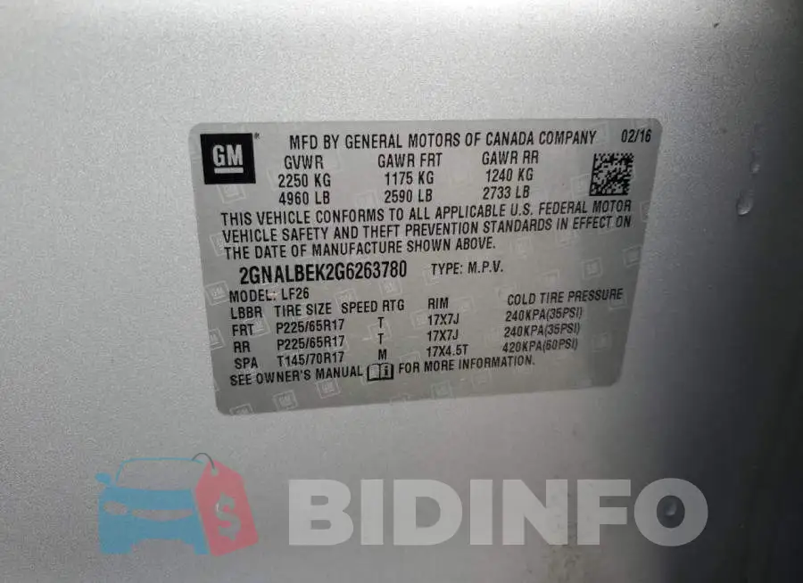2GNALBEK2G6263780 Photo# 14
