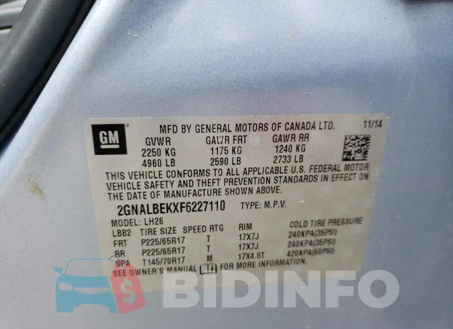 2GNALBEKXF6227110 Photo# 13